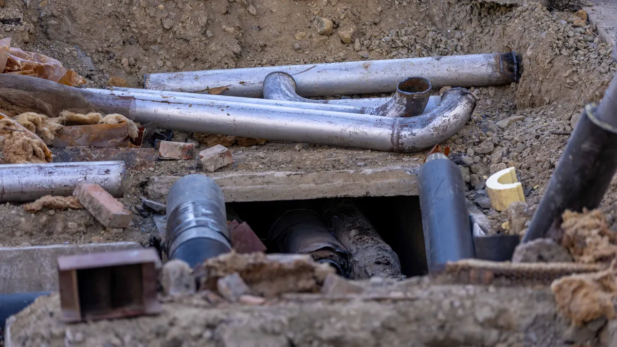 How to Route a Utility Trench Around Existing Underground Obstructions Exposed utility pipes and lines in a trench